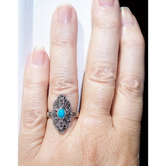 925 STERLING SILVER Simulated Turquoise Marcasite Ring - Picture 10 of 15